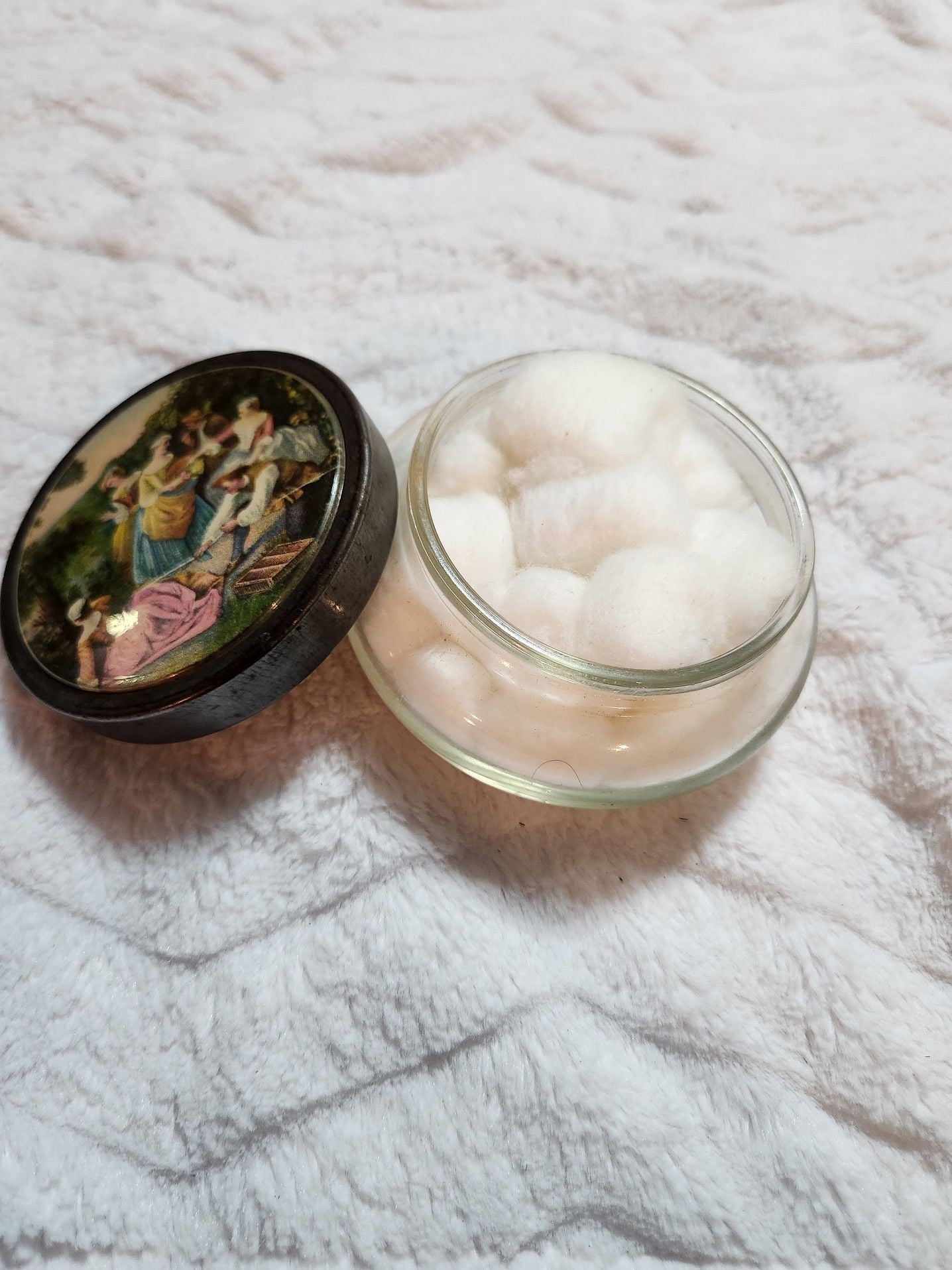 Vintage Glass Vanity Powder Jar with Romantic Courting Scene Metal Lid 13