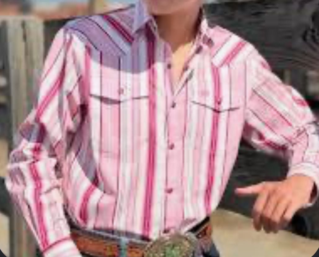 JH Western Collection Pink and White Striped Long Sleeve Pearl Snap Shirt 1