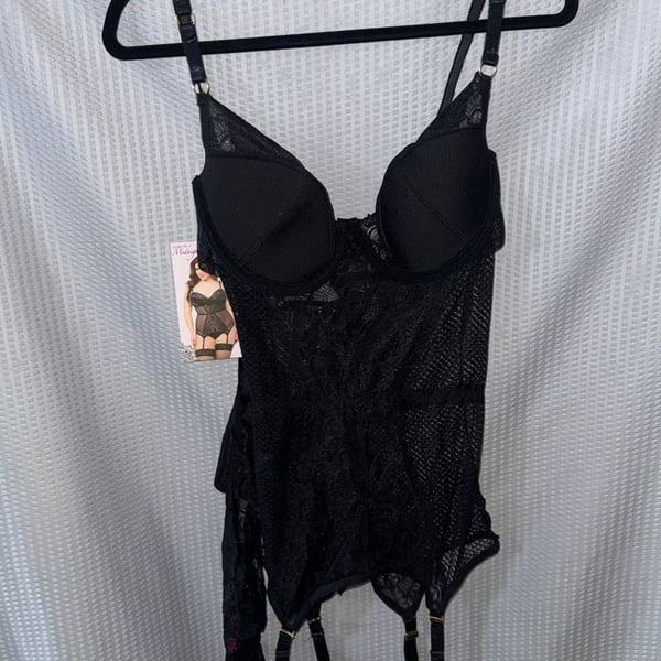 Seven 'til Midnight Black Lace and Mesh Bustier with Garter Straps