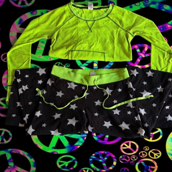 So Intimates Neon Green and Black Star Print Lounge Two-Piece Set