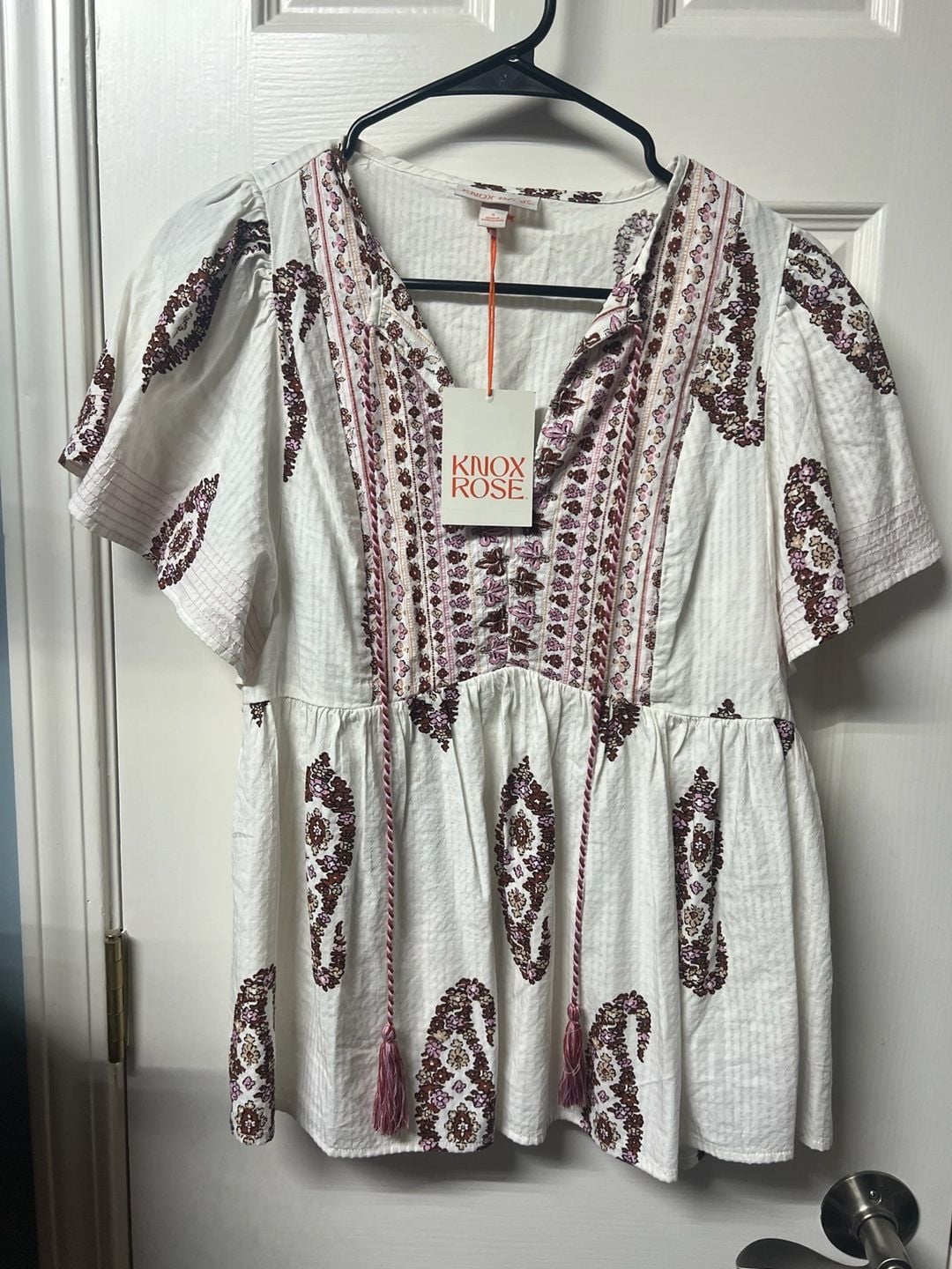 Knox Rose Women's Paisley Embroidered Babydoll Blouse with Tassels 2