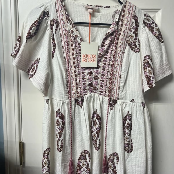Knox Rose Women's Paisley Embroidered Babydoll Blouse with Tassels