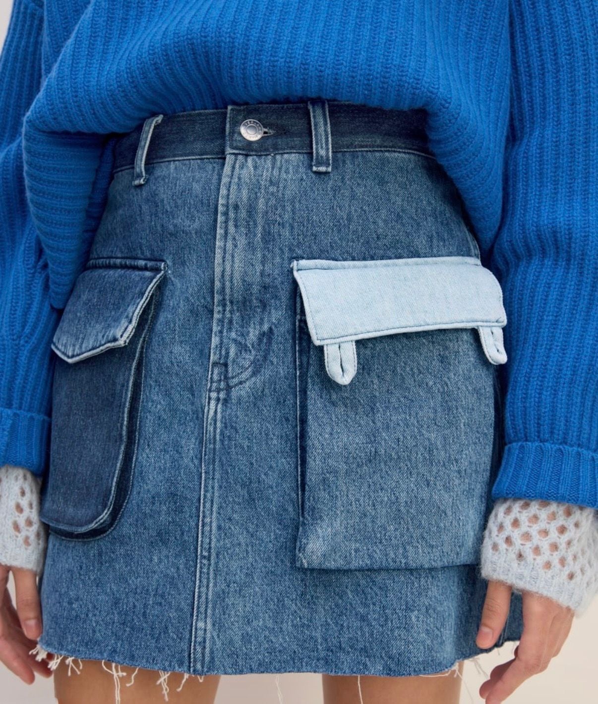 Everlane x Marques’ Almeida Denim Patchwork Mini Skirt Contrast Pockets Size 24 2