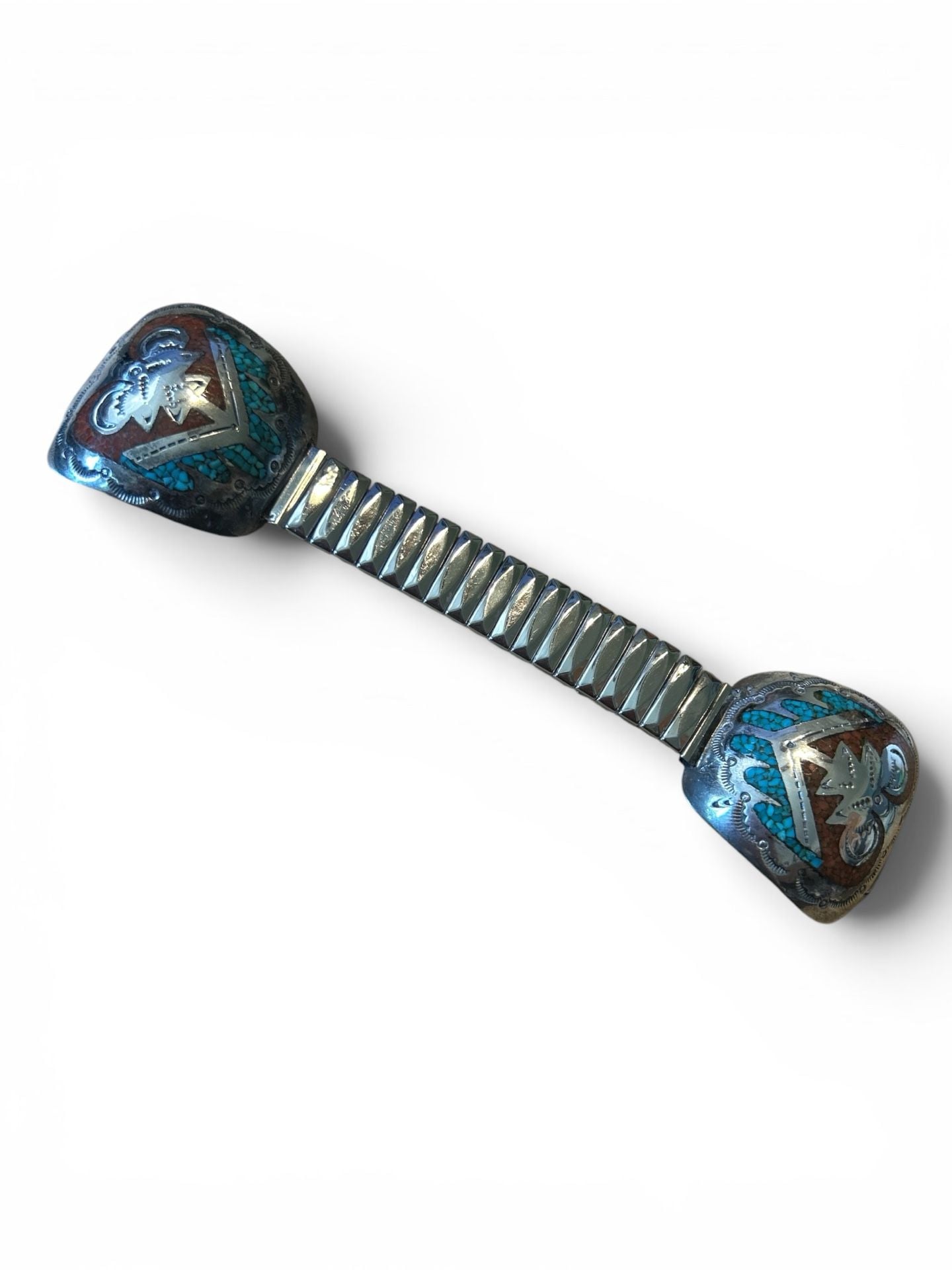 Native American Southwestern Sterling Silver Turquoise and Spiny Oyster Inlay Watch Cuff Ends 1