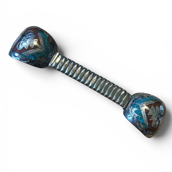 Native American Southwestern Sterling Silver Turquoise and Spiny Oyster Inlay Watch Cuff Ends