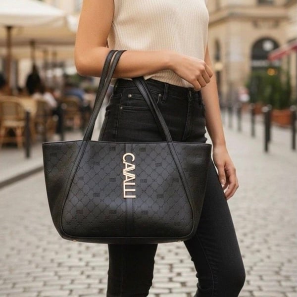 Cavalli Class Logo Embossed Black Tote Bag with Gold-Tone Hardware