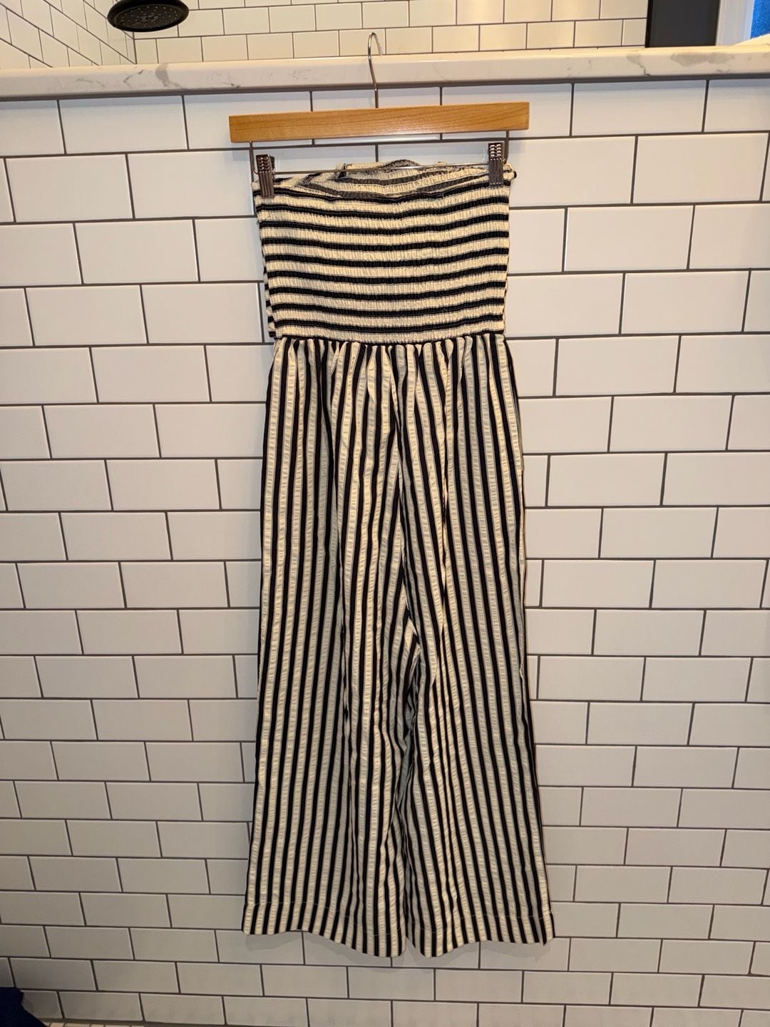🤍 Striped Strapless Wide-Leg Jumpsuit XS | Tie Front Coastal Vacation Outfit 7