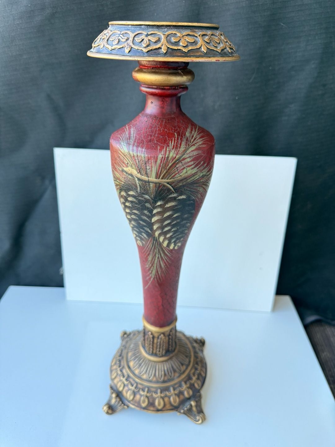 Cambria Cinnabar Decorative Candleholder with Pinecone Motif 1