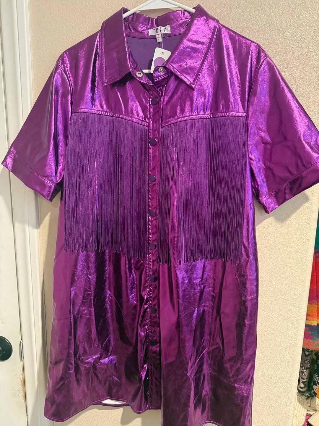 TCEC Metallic Purple Faux Leather Fringe Button-Down Dress Sz.L BNWOT 3