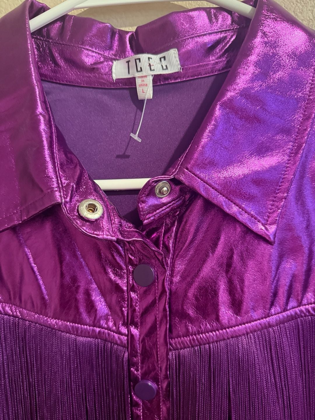 TCEC Metallic Purple Faux Leather Fringe Button-Down Dress Sz.L BNWOT 4