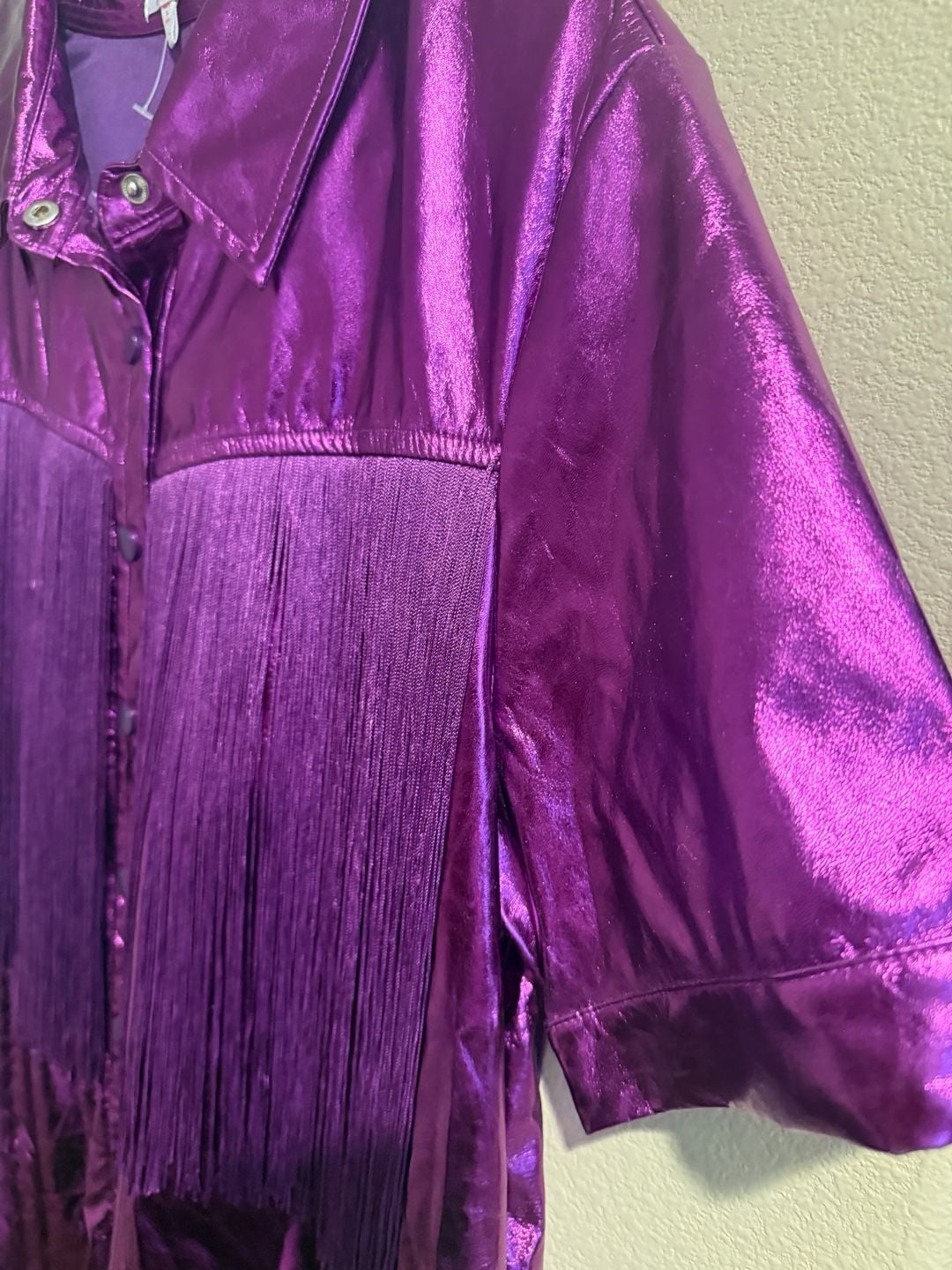 TCEC Metallic Purple Faux Leather Fringe Button-Down Dress Sz.L BNWOT 7