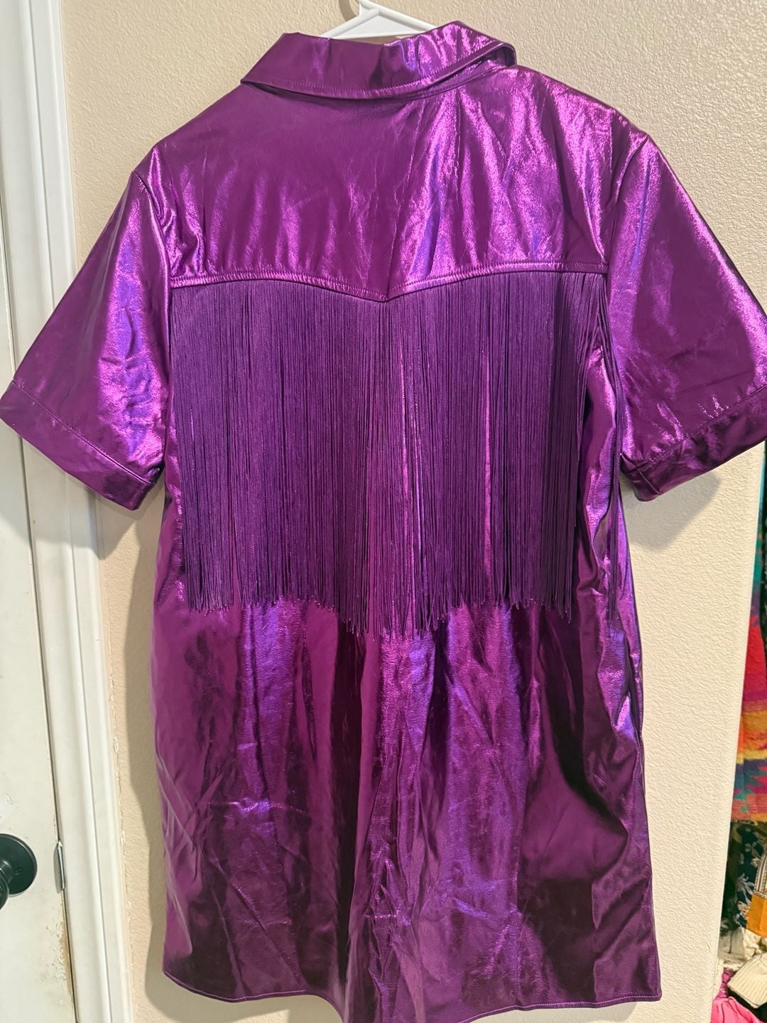 TCEC Metallic Purple Faux Leather Fringe Button-Down Dress Sz.L BNWOT 9