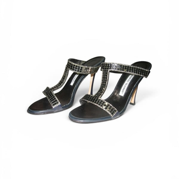 Manolo Blahnik Black Satin and Gunmetal with Crystal Trim