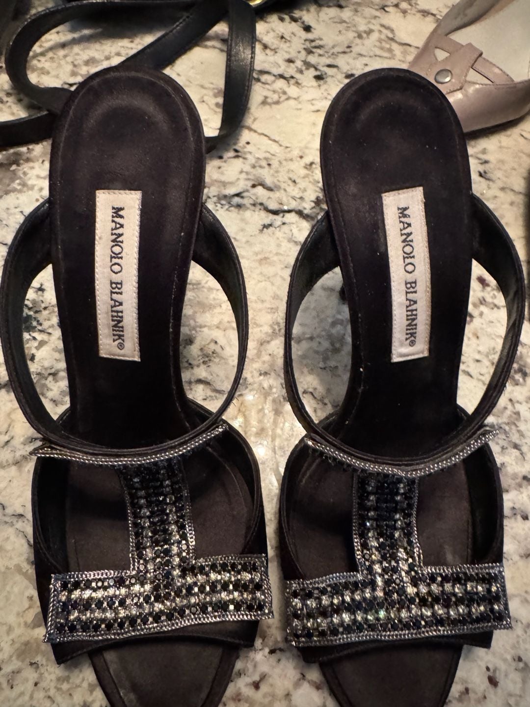 Manolo Blahnik Black Satin and Gunmetal with Crystal Trim 7