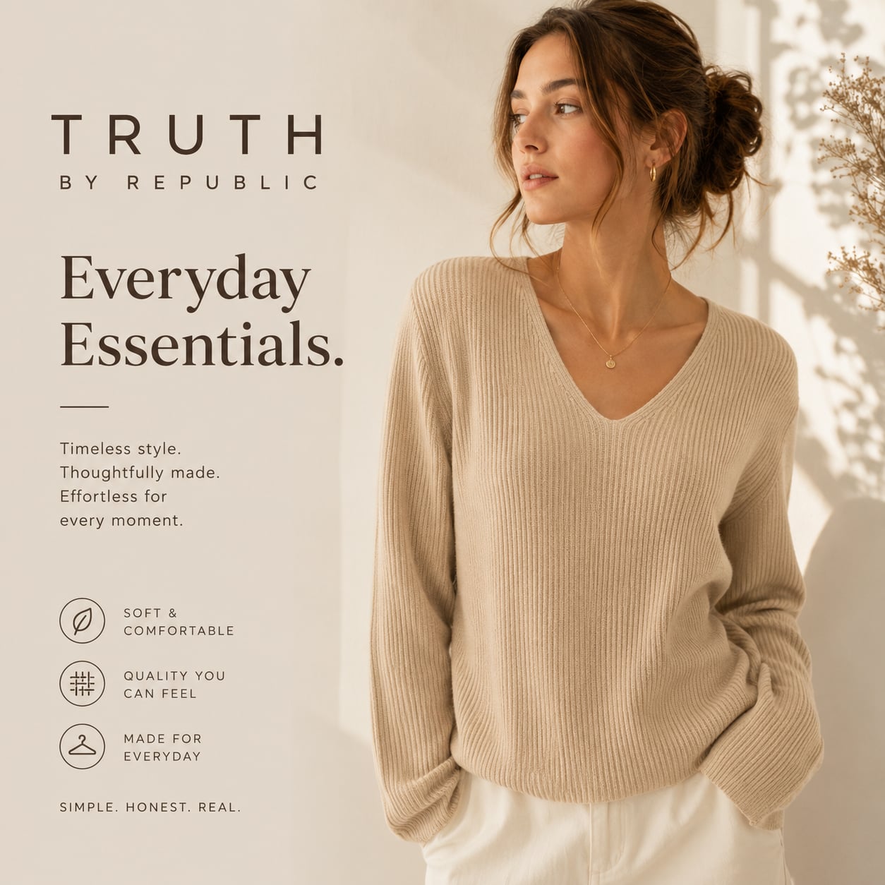 Truth by Republic Women's Beige Ribbed V-Neck Long Sleeve Sweater Size M 2