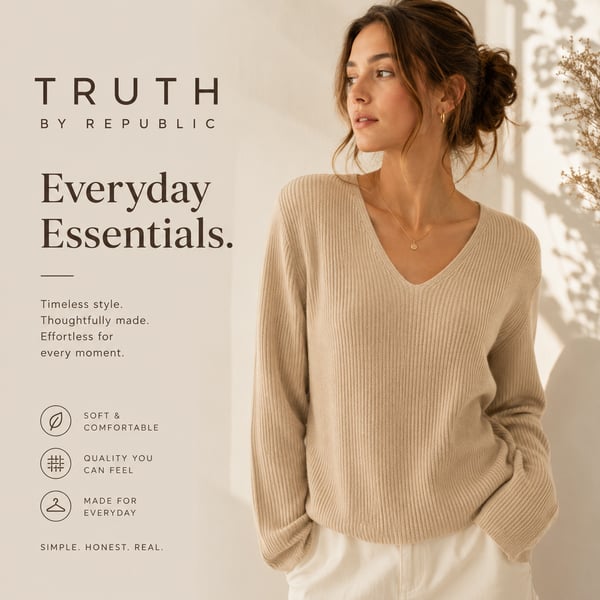 Truth by Republic Women's Beige Ribbed V-Neck Long Sleeve Sweater Size M