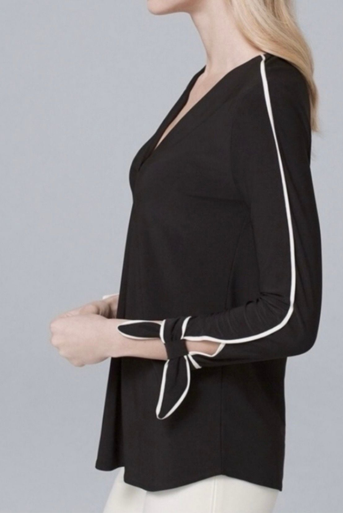 White House Black Market Bow-Cuff Contrast V-Neck Blouse 2
