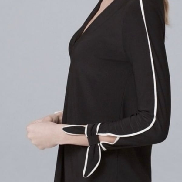 White House Black Market Bow-Cuff Contrast V-Neck Blouse