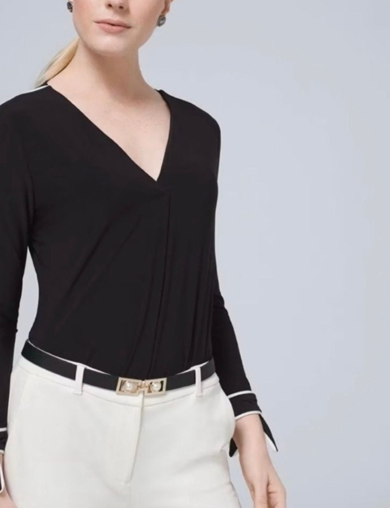 White House Black Market Bow-Cuff Contrast V-Neck Blouse 4