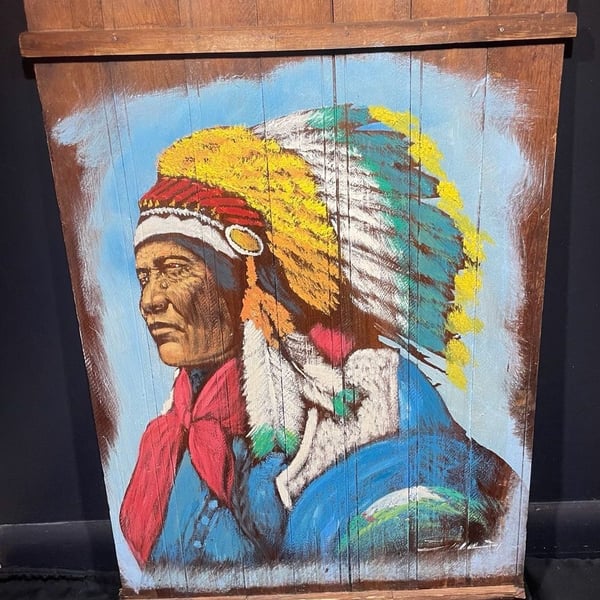 Vintage Native American Chief Portrait Painting on Rustic Wood Planks