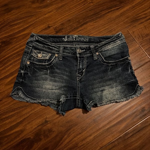 WallFlower Women's Distressed Denim Shorts with Embroidered American Flag Back Pockets