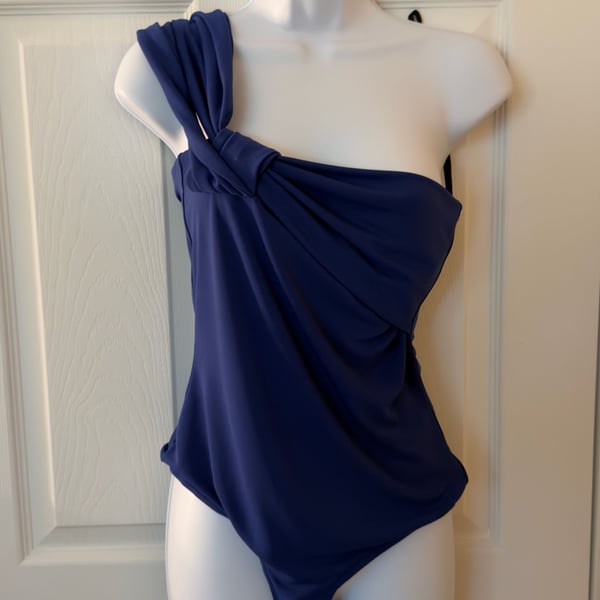 bebe Women's One-Shoulder Ruched One-Piece Swimsuit in Navy Blue