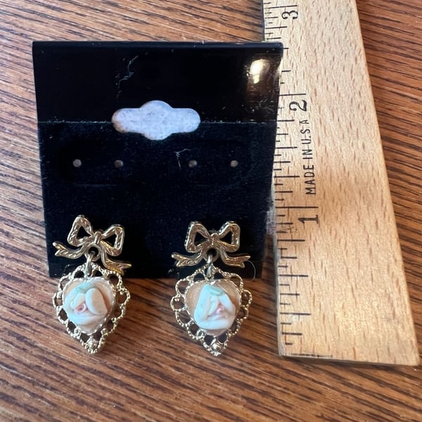 Vintage Gold-Tone Bow and Heart Drop Earrings with Floral Cameo Detail