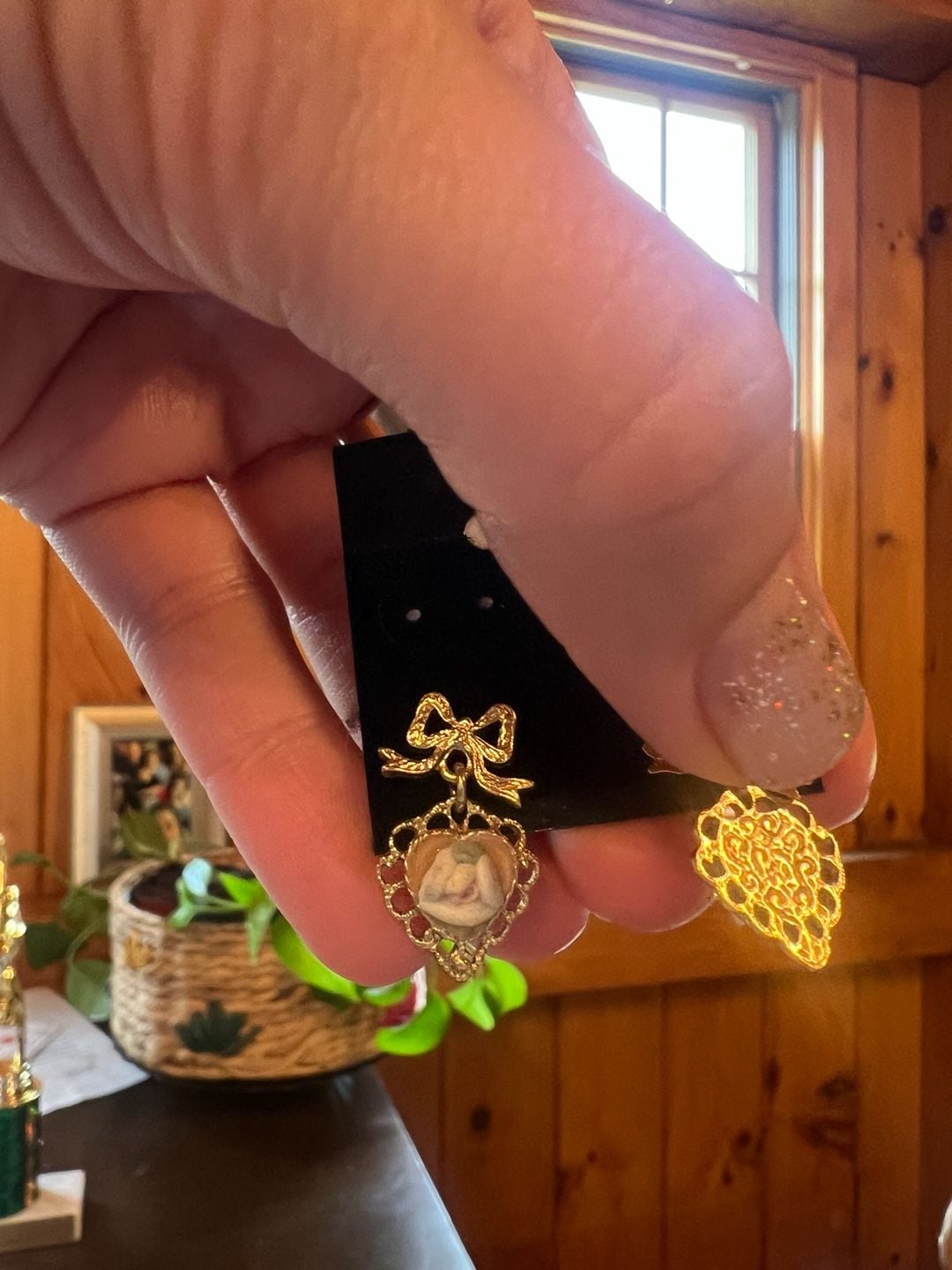 Vintage Gold-Tone Bow and Heart Drop Earrings with Floral Cameo Detail 4