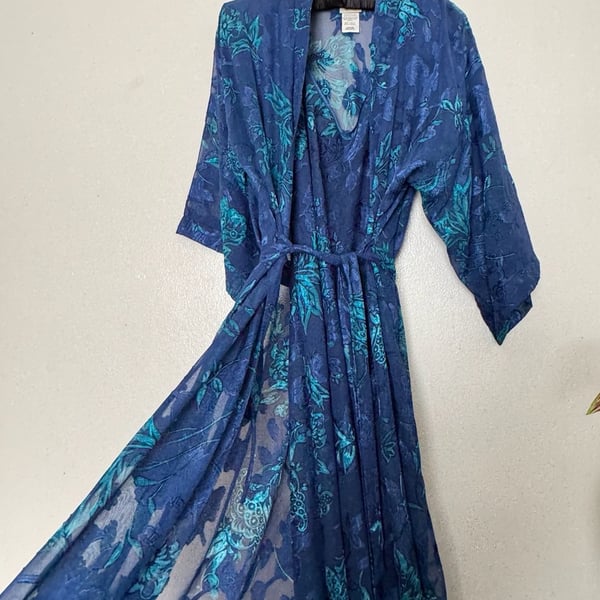 Ocean Deep Blue Long Cashmere Silk Dressing Gown, Wedding Morning, Long Kaftan for Women, Silk Kimono Robe, Plus Sized Robes, Lounge Wear - ,