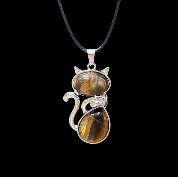 Tiger’s Eye Crystal Cat Pendant Black Cord Necklace