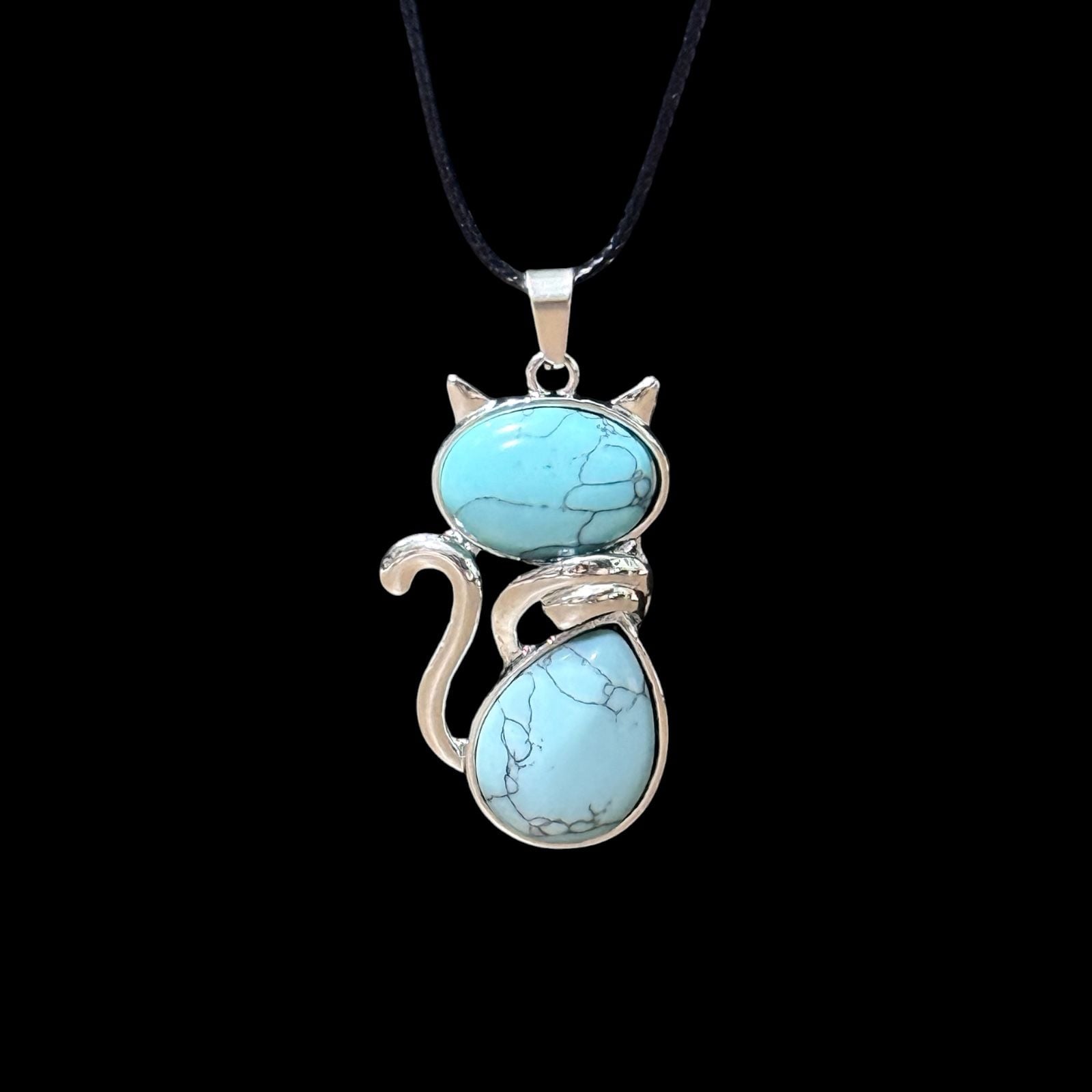 Howlite Crystal Cat Pendant Black Cord Necklace 2