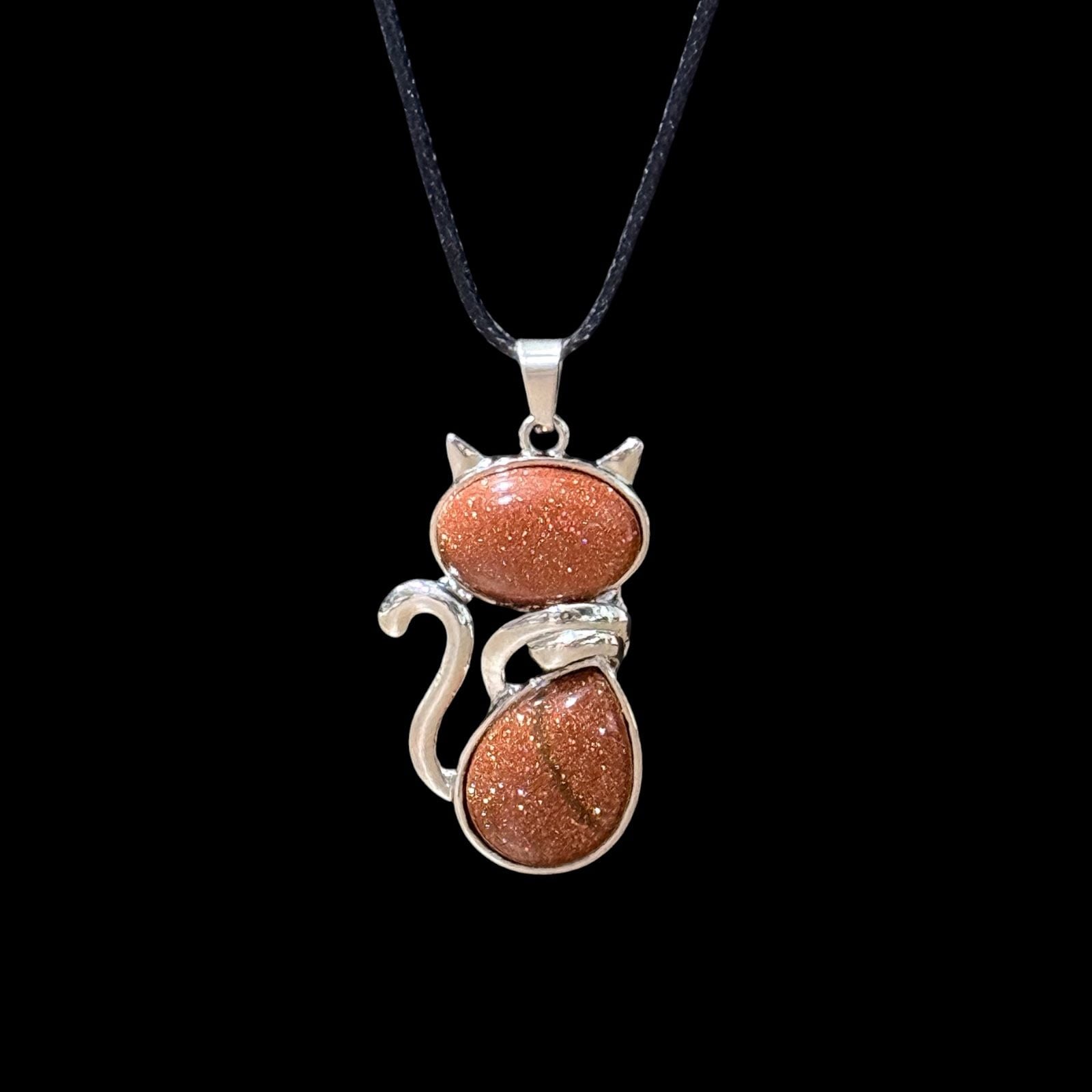 Goldstone Crystal Cat Pendant Black Cord Necklace 2