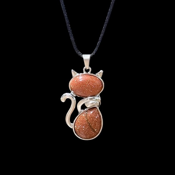 Goldstone Crystal Cat Pendant Black Cord Necklace