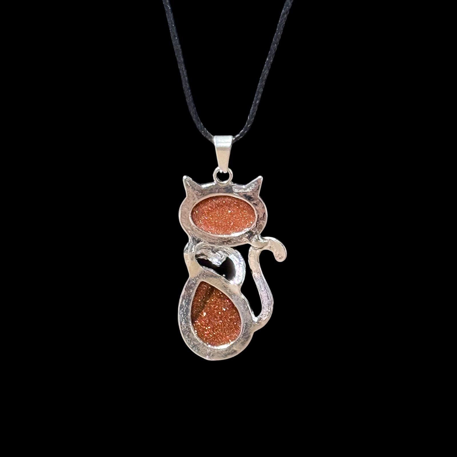 Goldstone Crystal Cat Pendant Black Cord Necklace 3