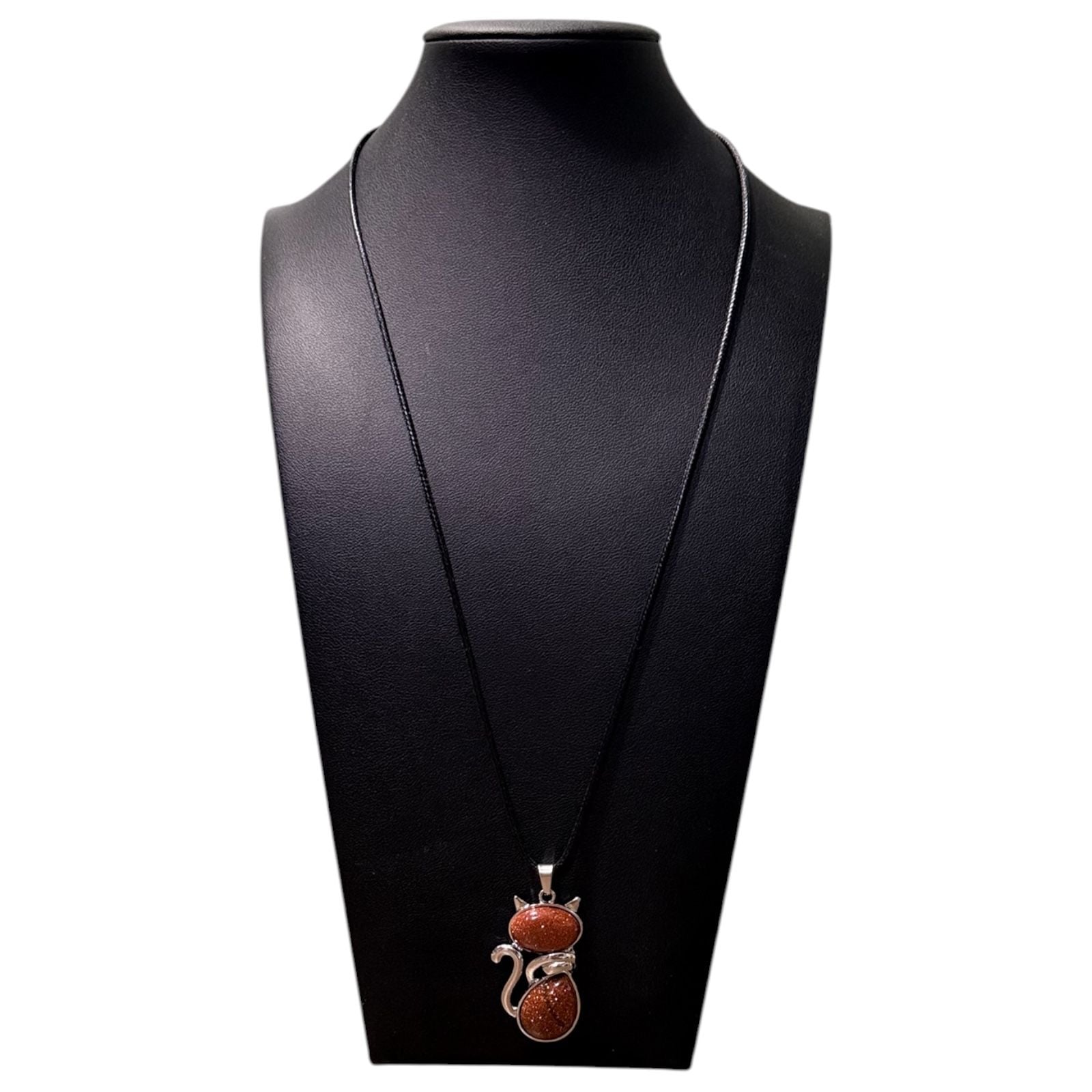 Goldstone Crystal Cat Pendant Black Cord Necklace 4
