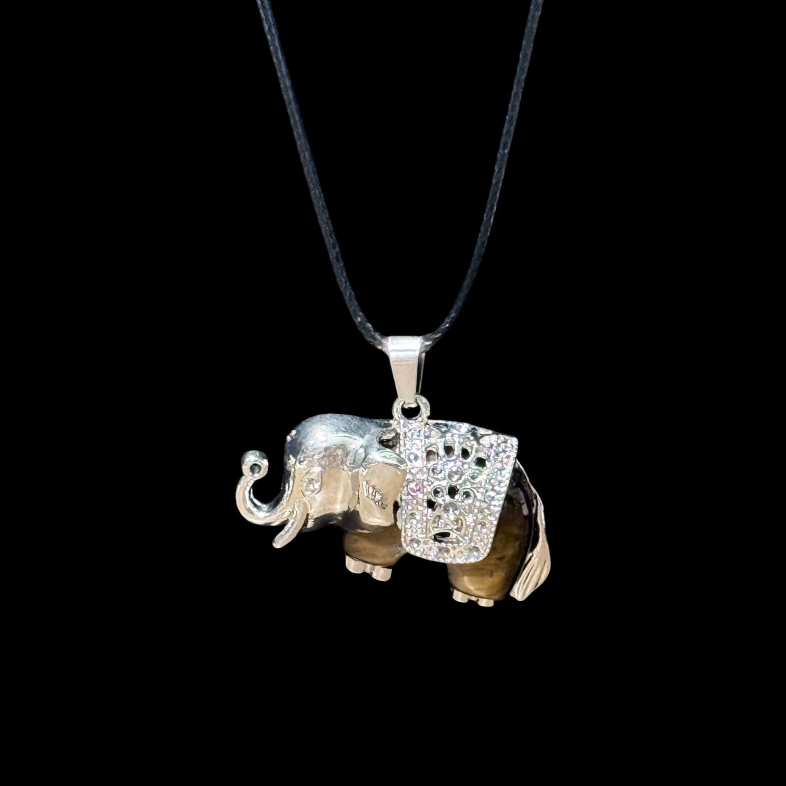 Tiger’s Eye Traveling Elephant Pendant Black Cord Necklace 2