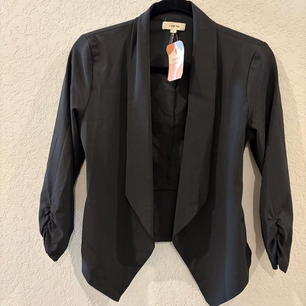 C'est Toi Women's Black Open Front Blazer Jacket with Ruched 3/4 Sleeves
