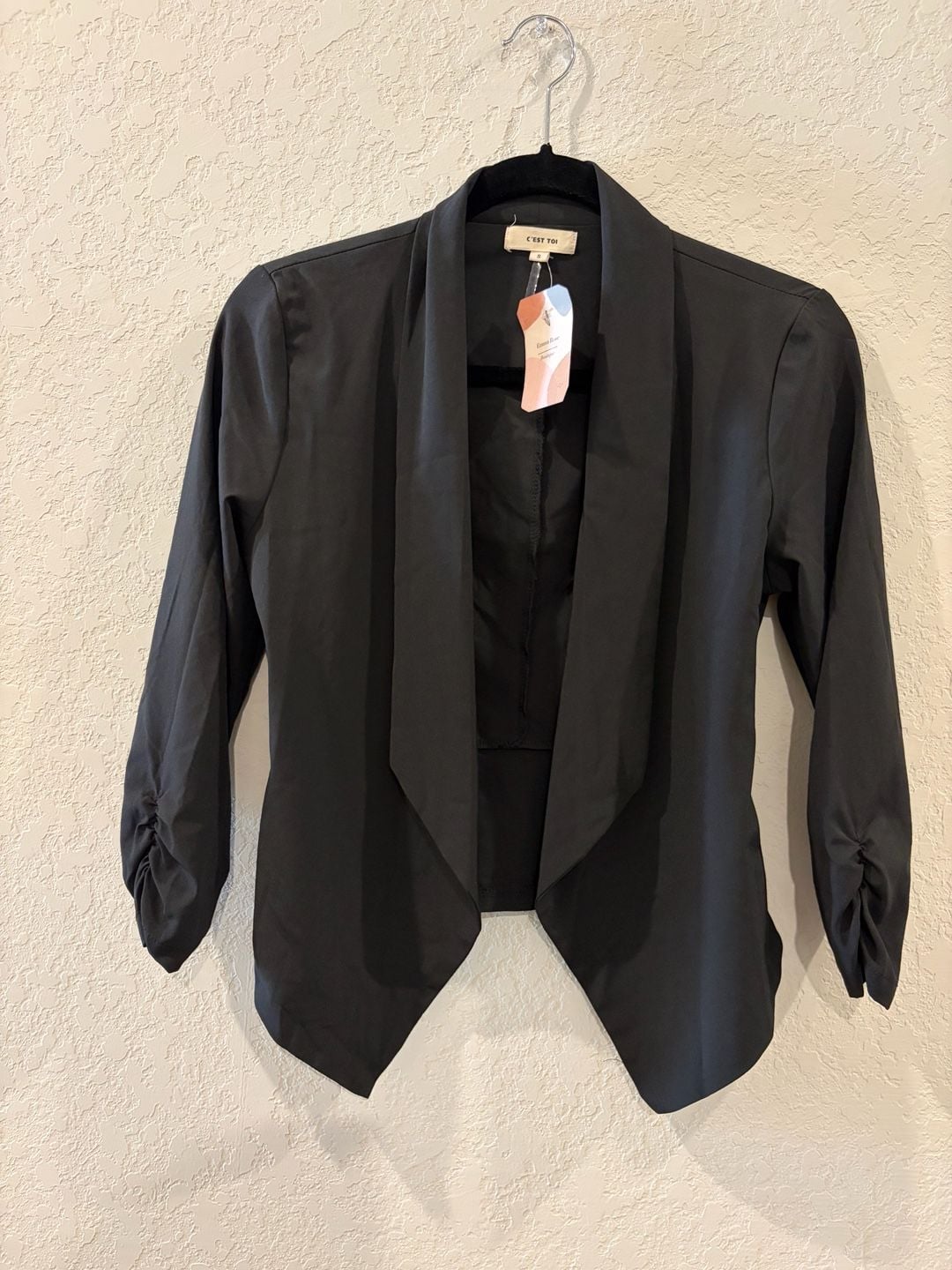 C'est Toi Women's Black Open Front Blazer Jacket with Ruched 3/4 Sleeves 8