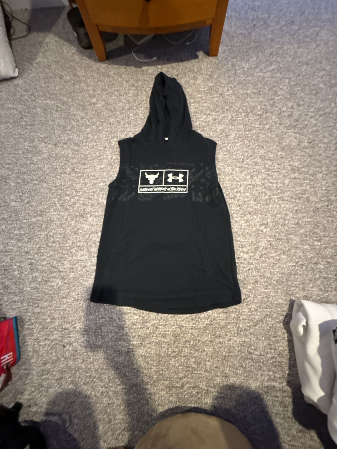 Youth XL Under Armour Project Rock Hardest Worker in the Room Sleeveless Hoodie 1