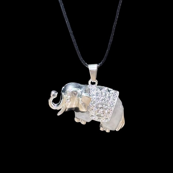 Clear Quartz Traveling Elephant Pendant Black Cord Necklace