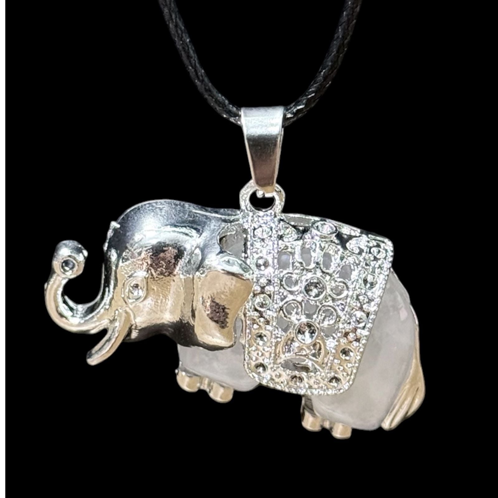 Clear Quartz Traveling Elephant Pendant Black Cord Necklace 5