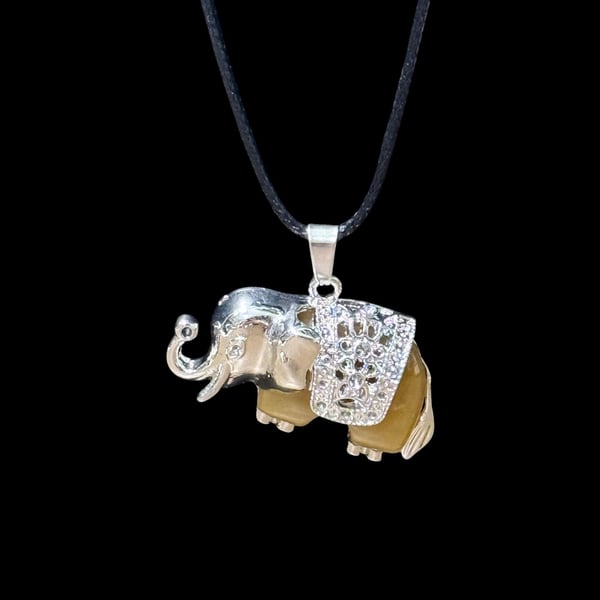 Yellow Aventurine Traveling Elephant Pendant Black Cord Necklace