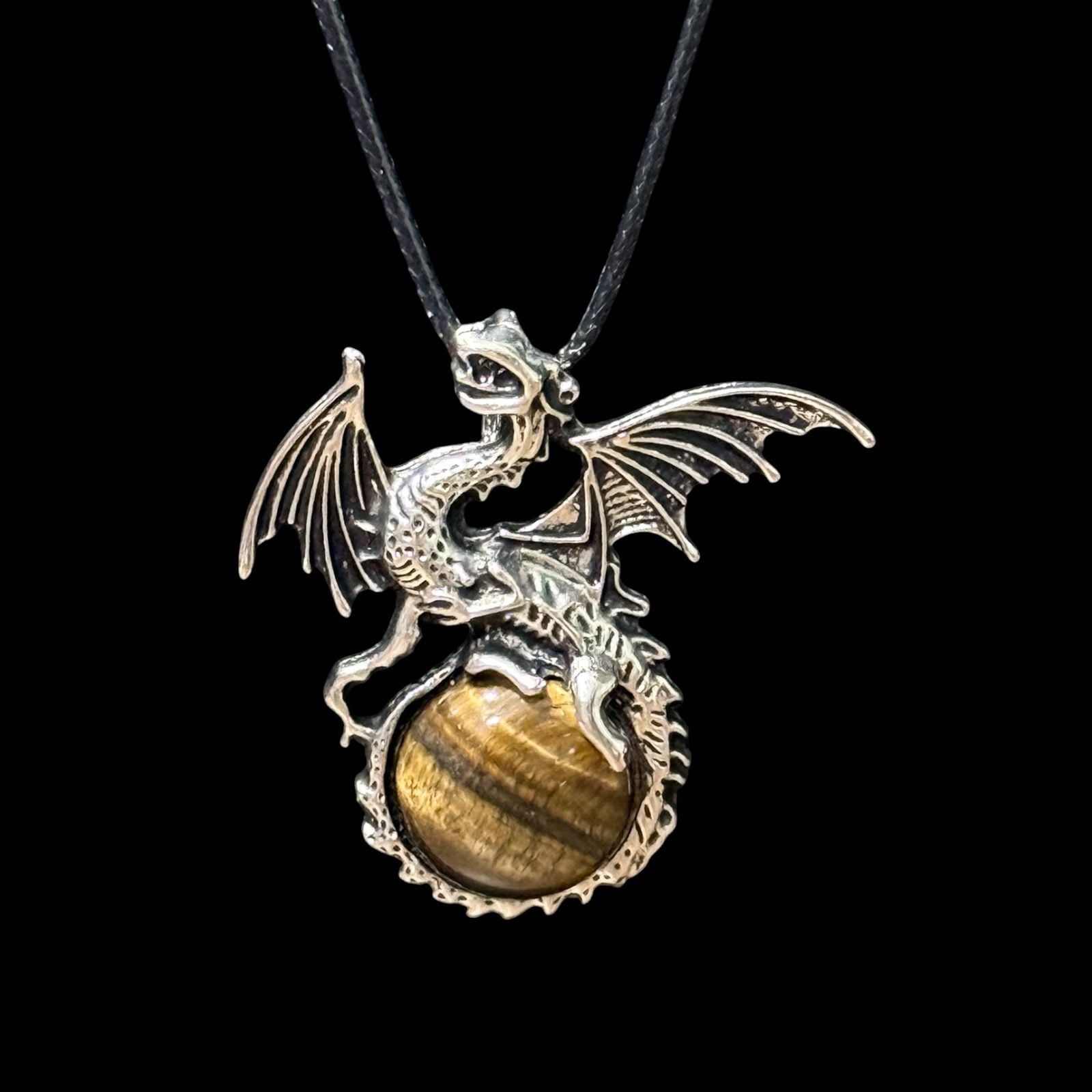 Tiger’s Eye Dragon Pendant Black Cord Necklace 2