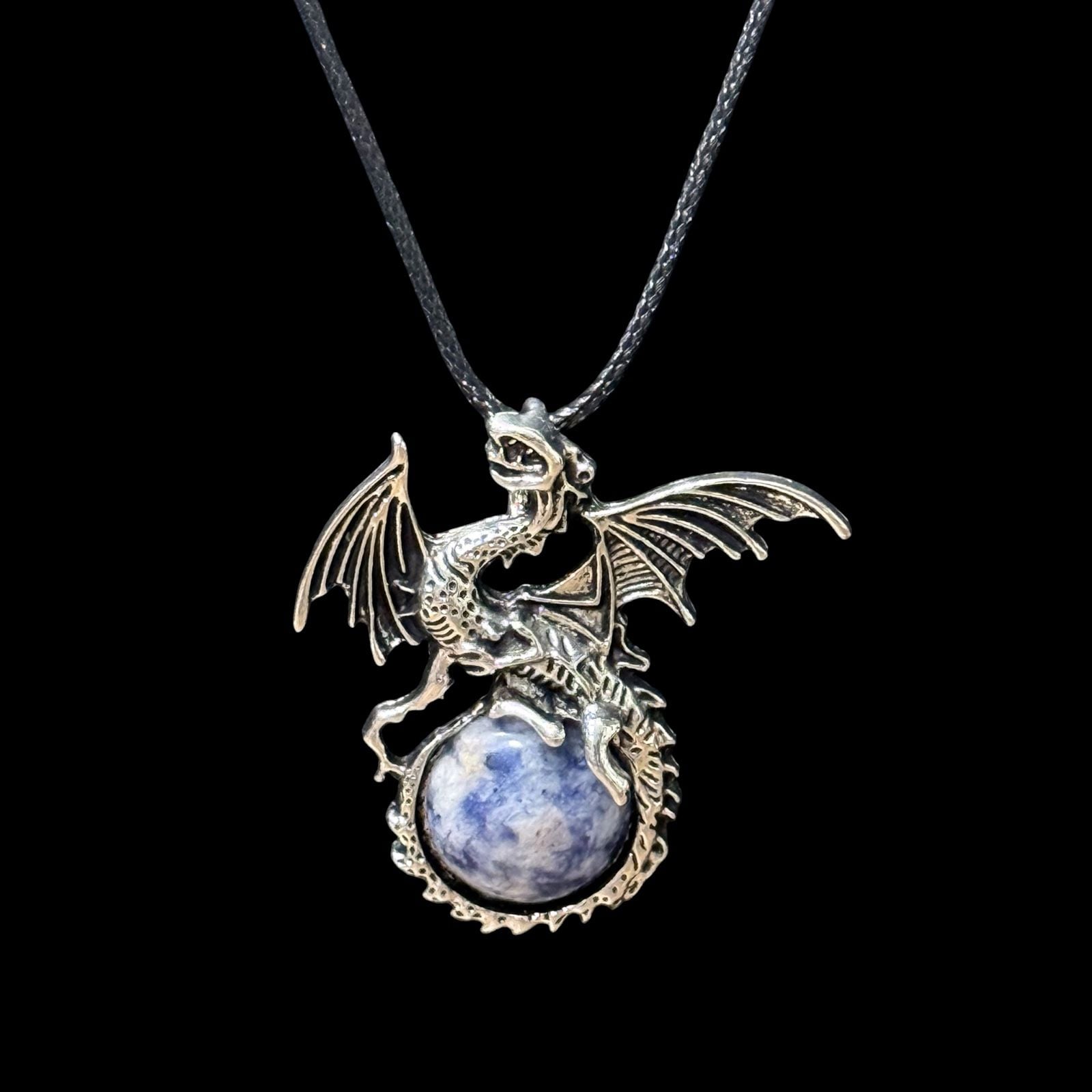 Sunset Sodalite Dragon Pendant Black Cord Necklace 2