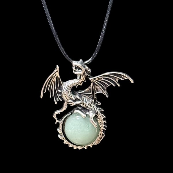 Green Aventurine Dragon Pendant Black Cord Necklace
