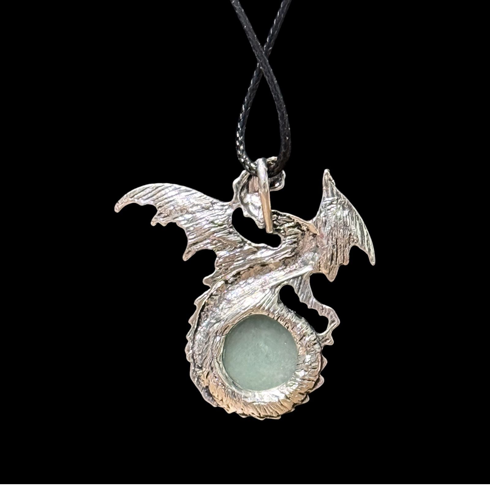 Green Aventurine Dragon Pendant Black Cord Necklace 3