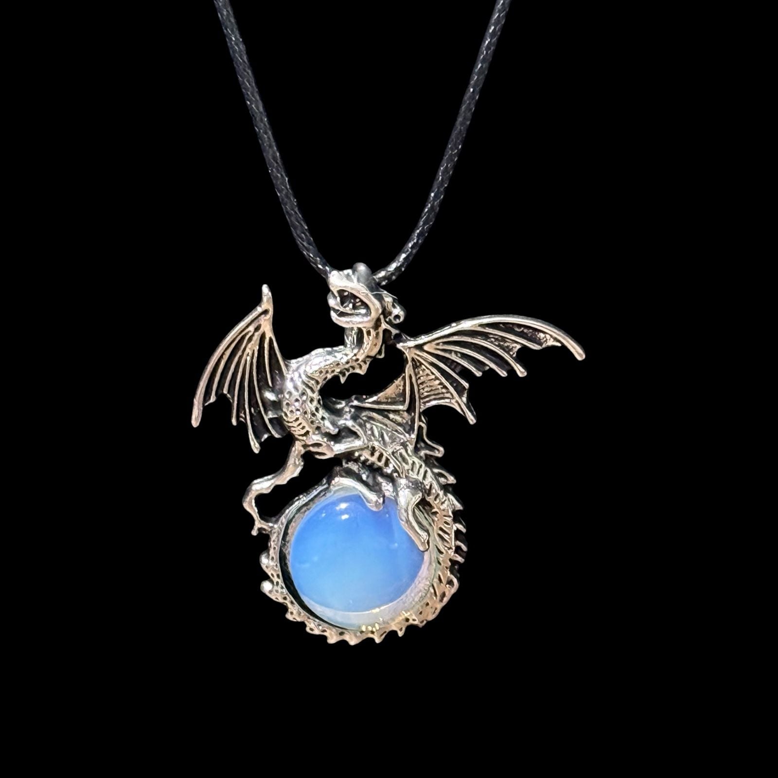 Opalite Dragon Pendant Black Cord Necklace 2