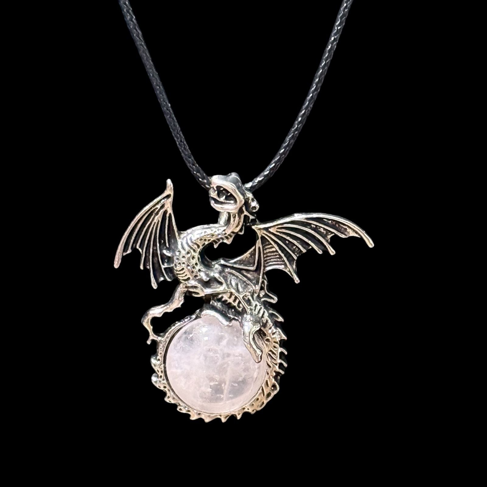 Clear Quartz Dragon Pendant Black Cord Necklace 2