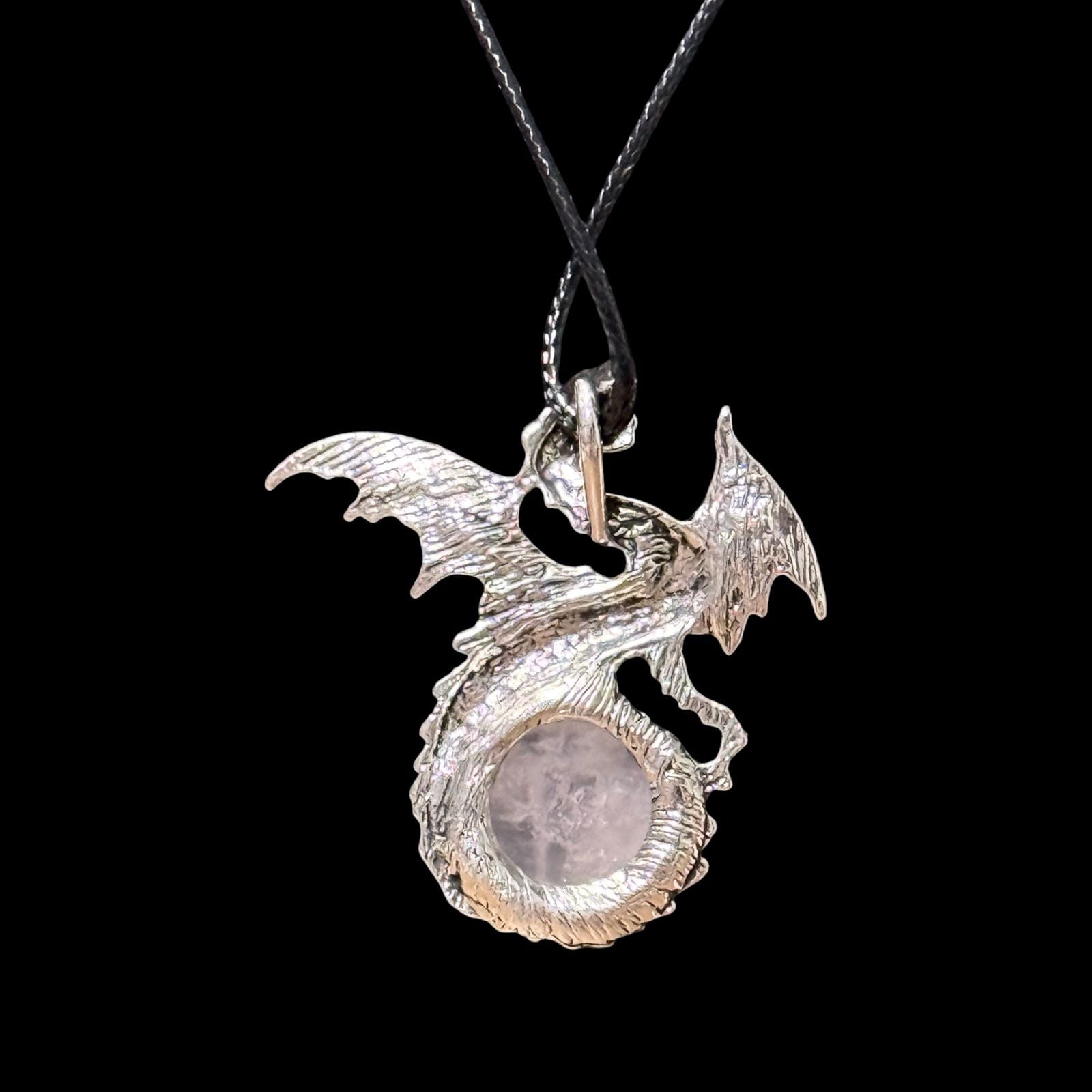 Clear Quartz Dragon Pendant Black Cord Necklace 3
