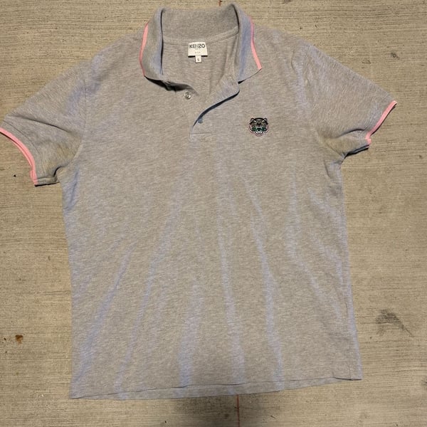 Kenzo Paris Tiger Crest Polo Shirt Grey with Pink Trim